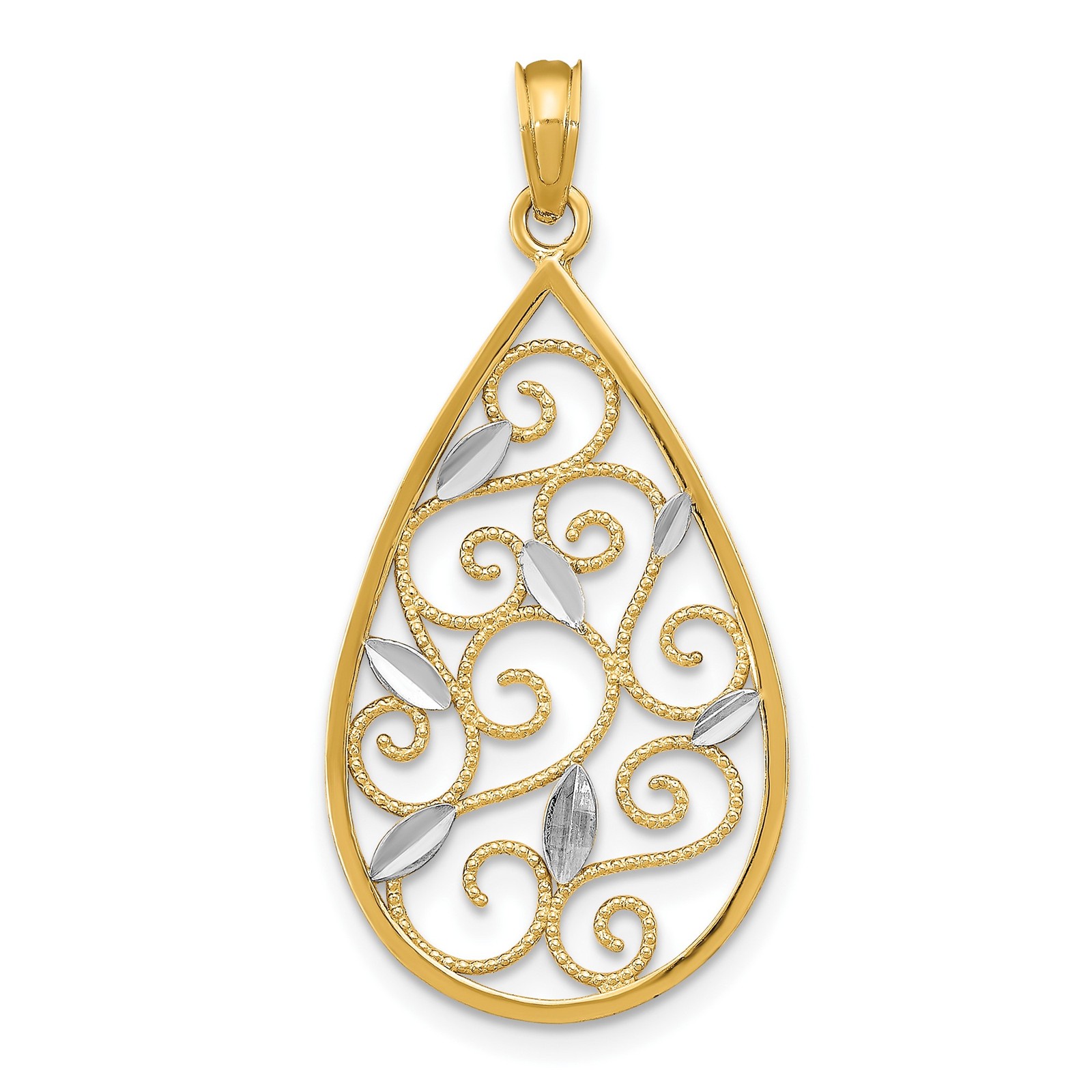14k Two-Tone Gold Teardrop Pendant for Women Filigree Leaf Floral Necklace