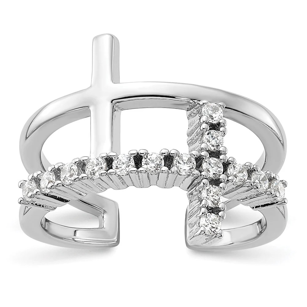 True Fire Sterling Silver Rhodium-Plated Double Cross CZ Open Back Ring