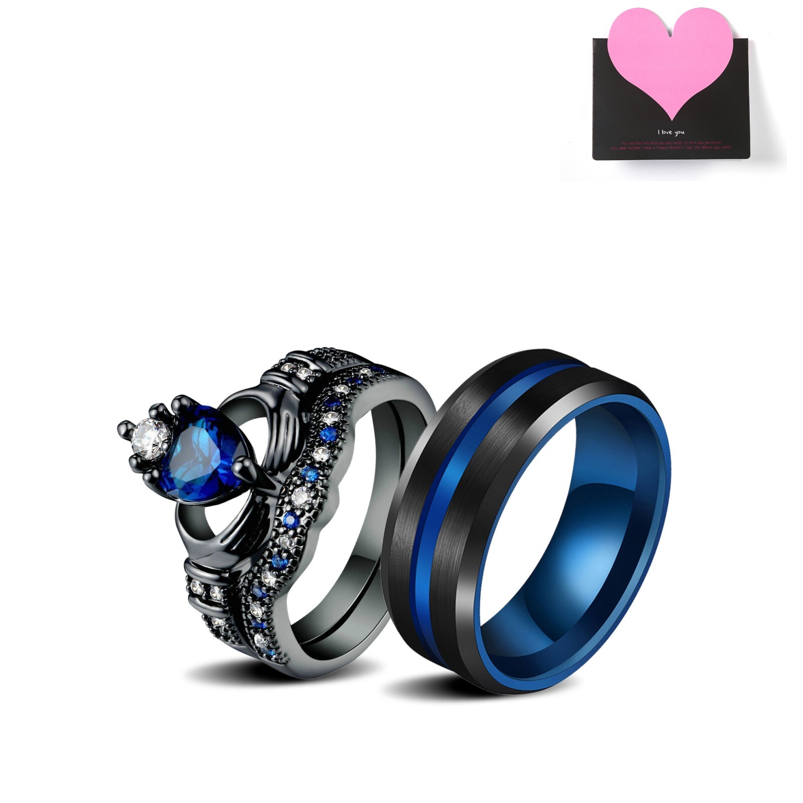 2pcs His&Hers Couple Ring Set Heart Cubic Zirconia Stainless Steel Wedding Band