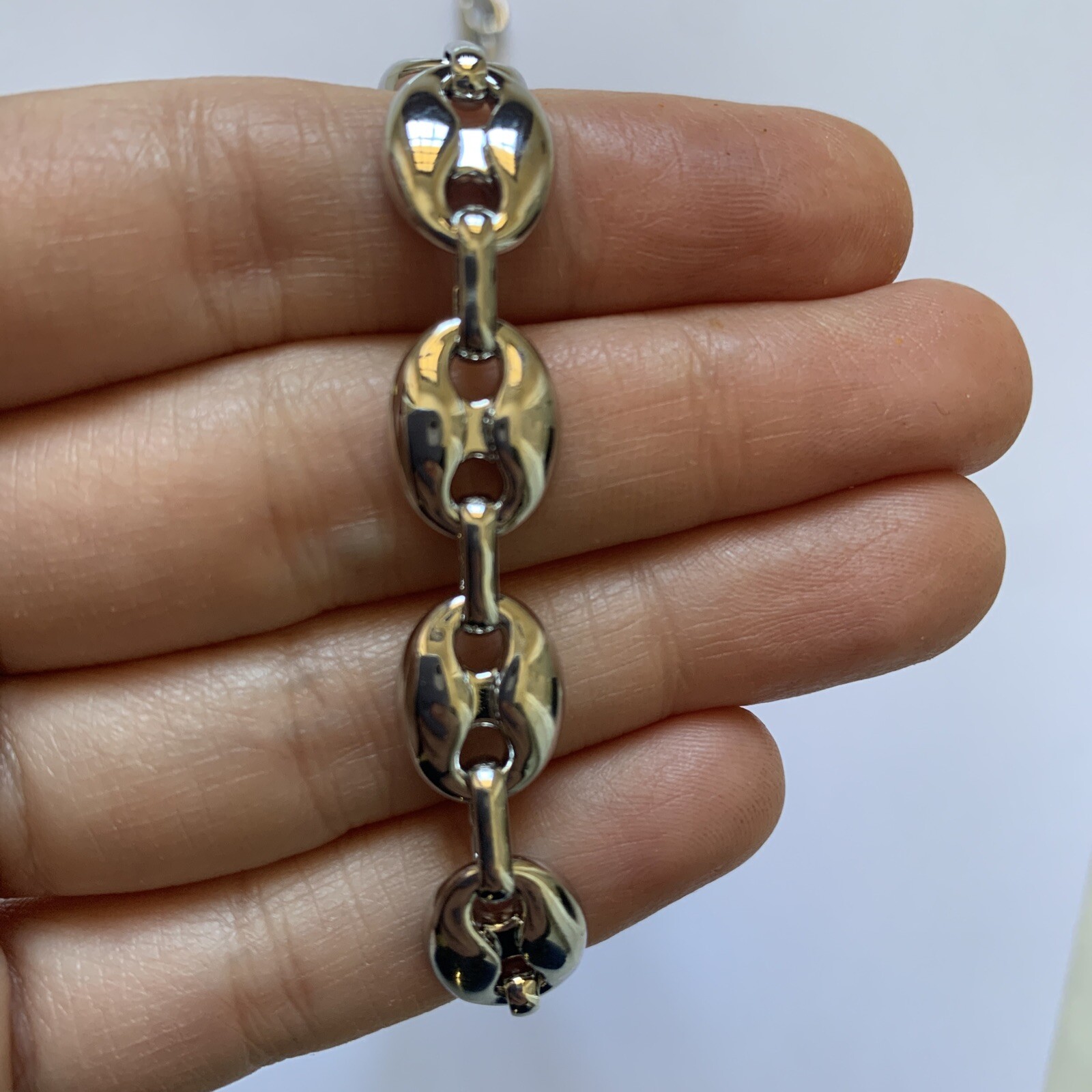 14k White gold Plated Puffy Puffed Anchor Mariner Link Chain Necklace 1cm thick