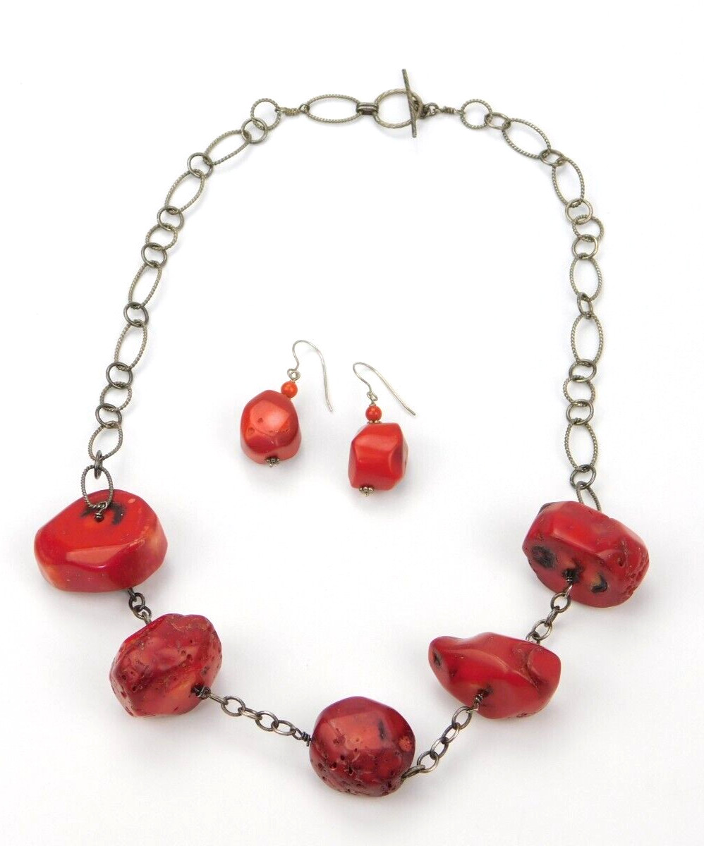 VTG Sterling Silver Red Dyed Bamboo Coral Station 21″ Necklace & Earrings Set