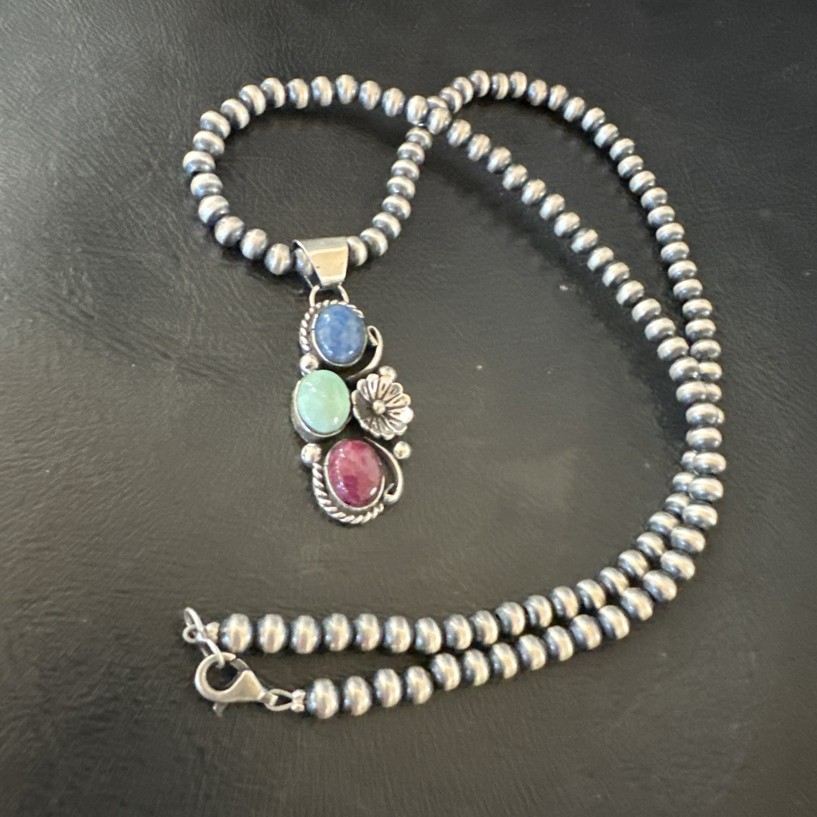 Multicolor Turquoise Spiny Navajo Sterling Silver Cluster Pendant Necklace 19313