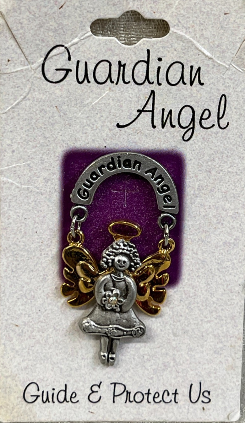 Swinging Guardian Angel Charm Lapel Pin Silver Gold Tone Signed C