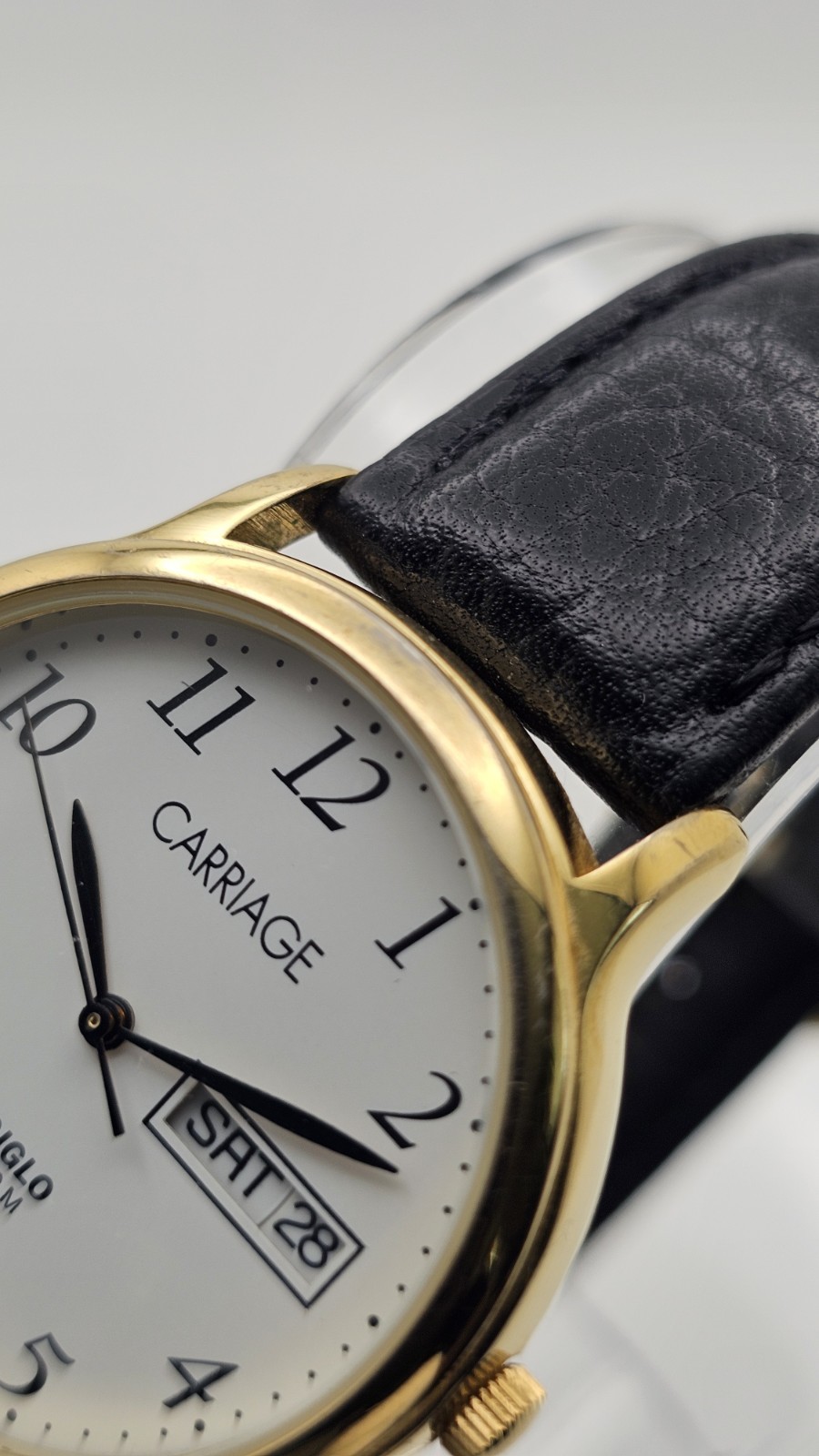 Carriage Day Date Gold Tone Case 35 MM Indiglo White Dial Black Leather Watch