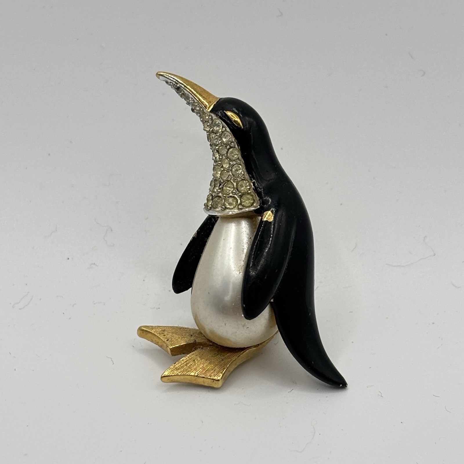 Vtg Marcel Boucher Penguin Brooch Rhinestone Faux Pearl Enamel Figural Pin