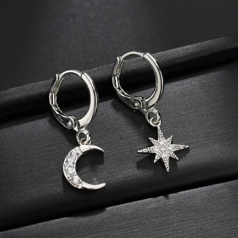 925 Sterling Silver Star Moon CZ Huggie Hoop Dangle Earrings Women Gift