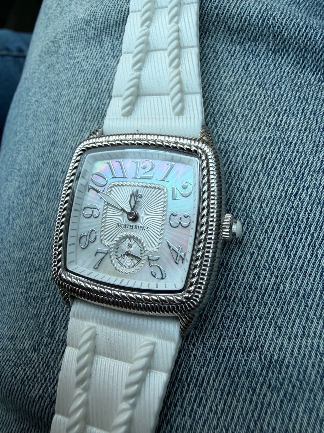 Judith Ripka Stainless Rectangular Watch w/White Silicone strap and M.0.P Dial
