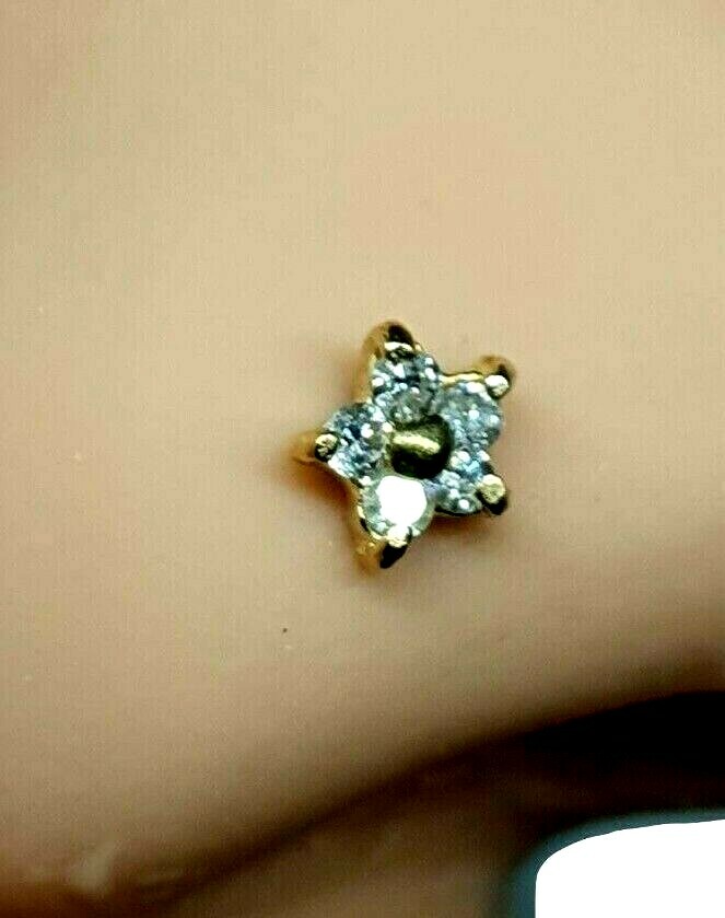 Gold Nose Stud Diamond Cluster Flower 14k Gold Genuine 20g (0.8mm) Curl Screw