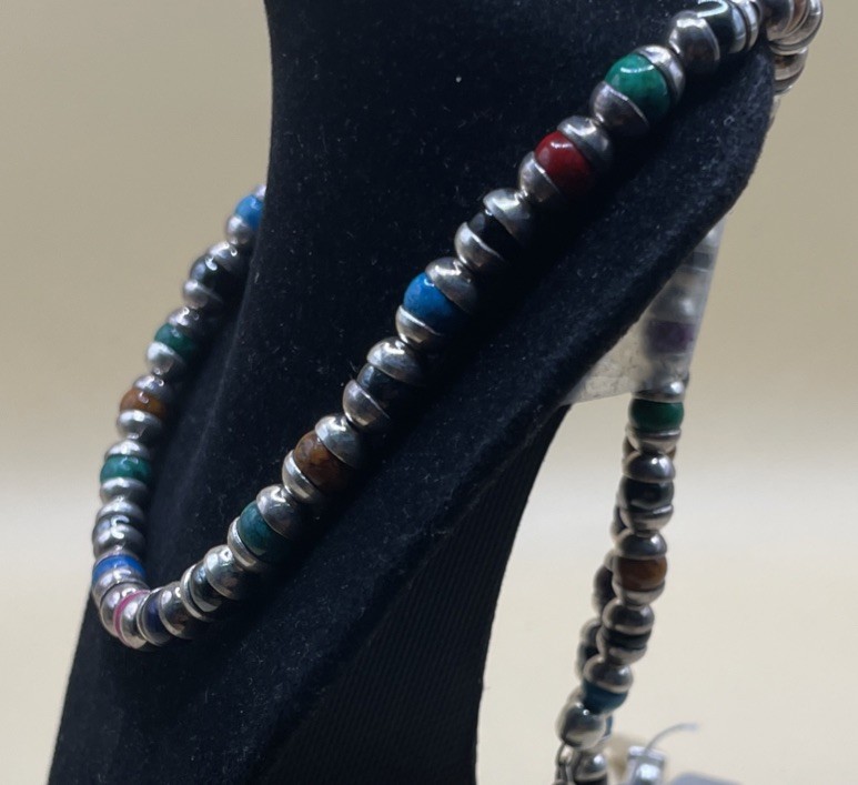 Taxco Mexico Assorted Gem Set Sterling Silver Necklace 22.5in (54.3g)