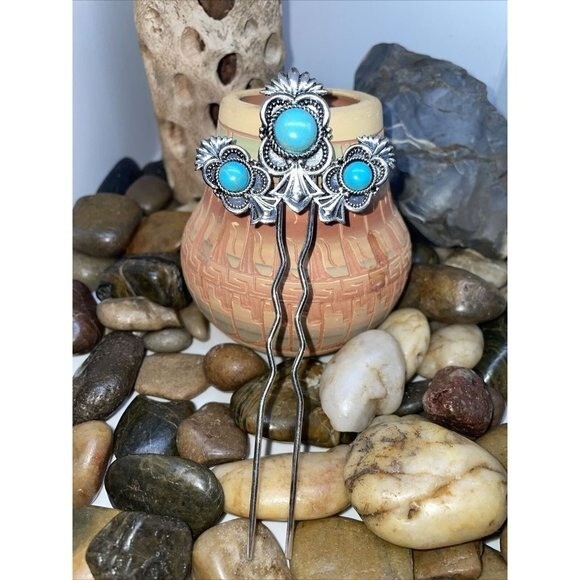 TURQUOISE WESTERN HAIR PIN STICK BARRETTE JEWELRY NATIVE AMERICAN PONYTAIL