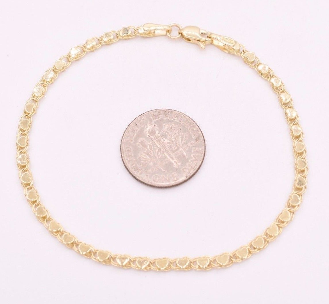3.3mm Reversible Mirrored Heart Link Bracelet Real Solid 14K Yellow Gold