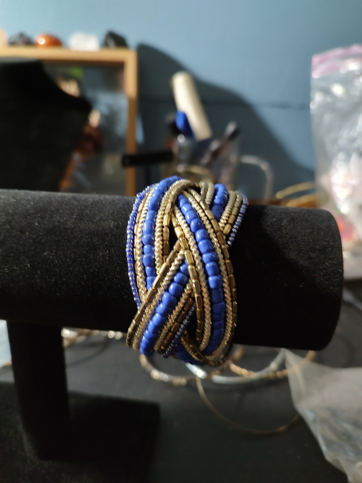 Handmade Blue & Gold Beaded Wrap Bracelet, Knot Design, Unisex Adults