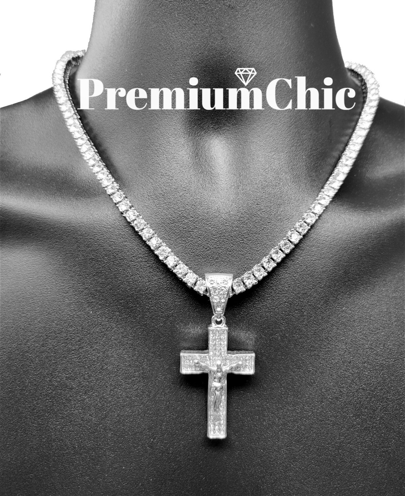 Jesus Cross Pendant 5MM Tennis Chain Necklace Choker Link Plated CZ Jewelry
