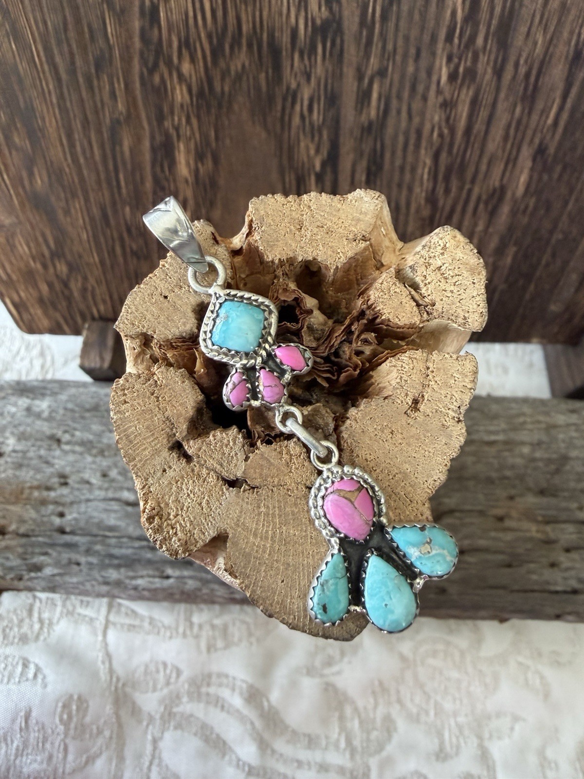 Sterling Silver Native Style SW White Water Turq & Kingman Cotton Candy Pendant
