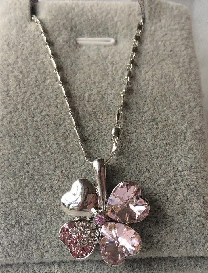 Silver Plated Pink Crystal Heart Clover Necklace