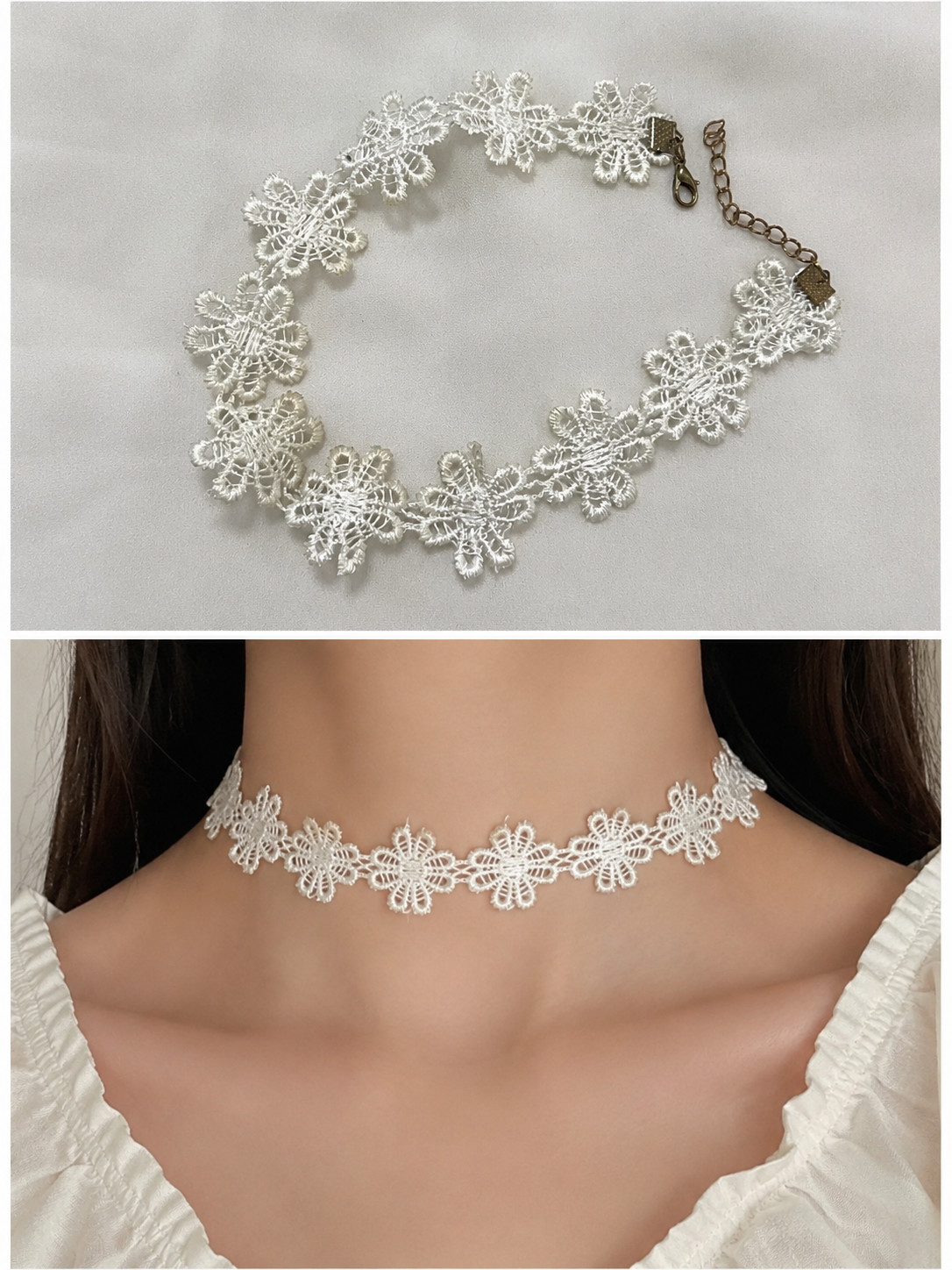 White Floral Lace Choker Necklace Adjustable Boho Bridal Wedding Vintage Style
