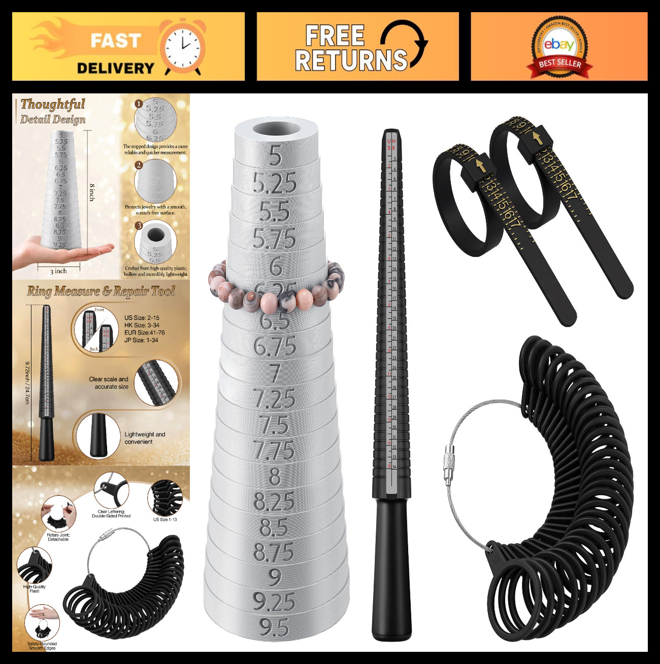 Bracelet & Ring Size Measuring Tool Kit – Mandrel & Finger Sizers, US Sizes 1-17