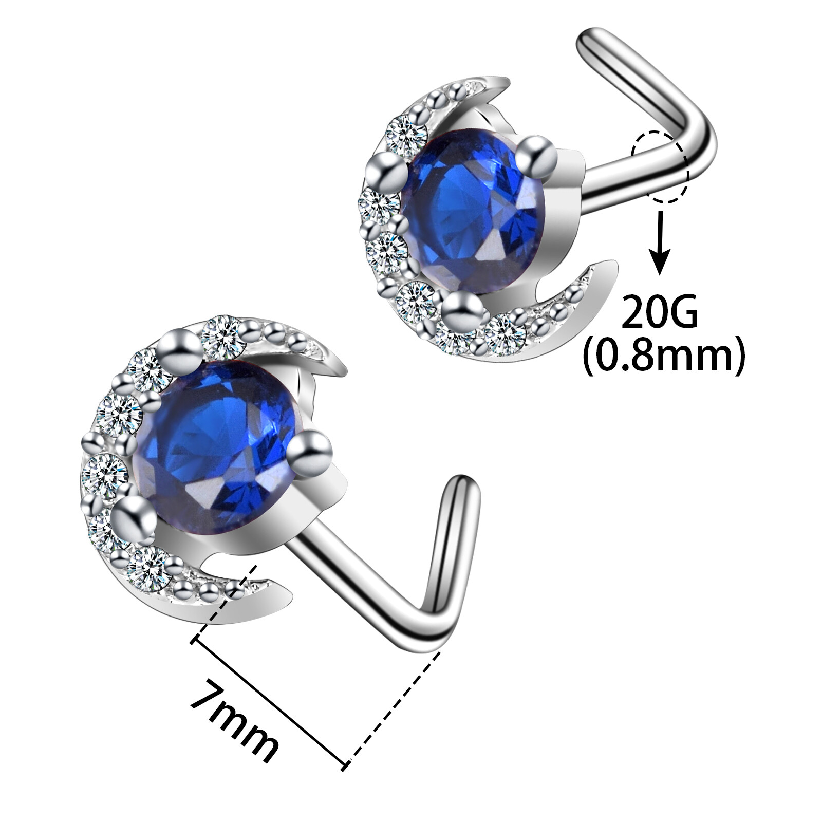 9 Pcs CZ L Bend Screw Bone Nose Studs Surgical Steel Pin Nose Ring 20G Piercing