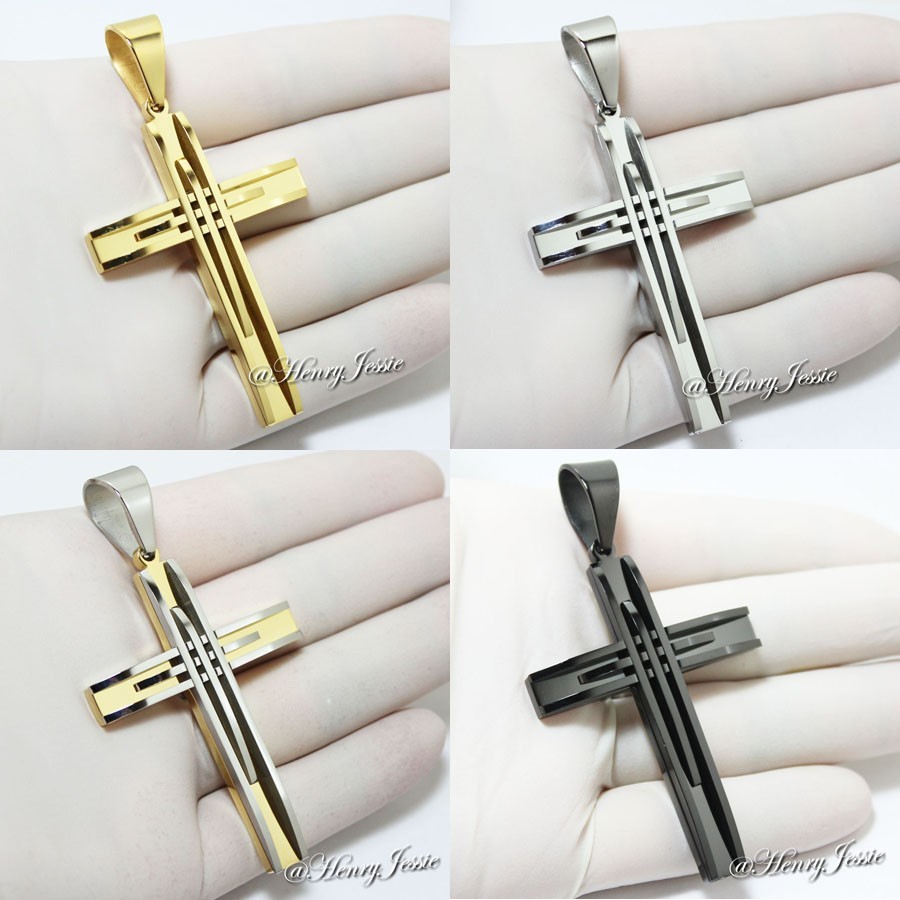 MEN Stainless Steel Gold/Black Plated/Silver Simple Triple Line Cross Pendant*A