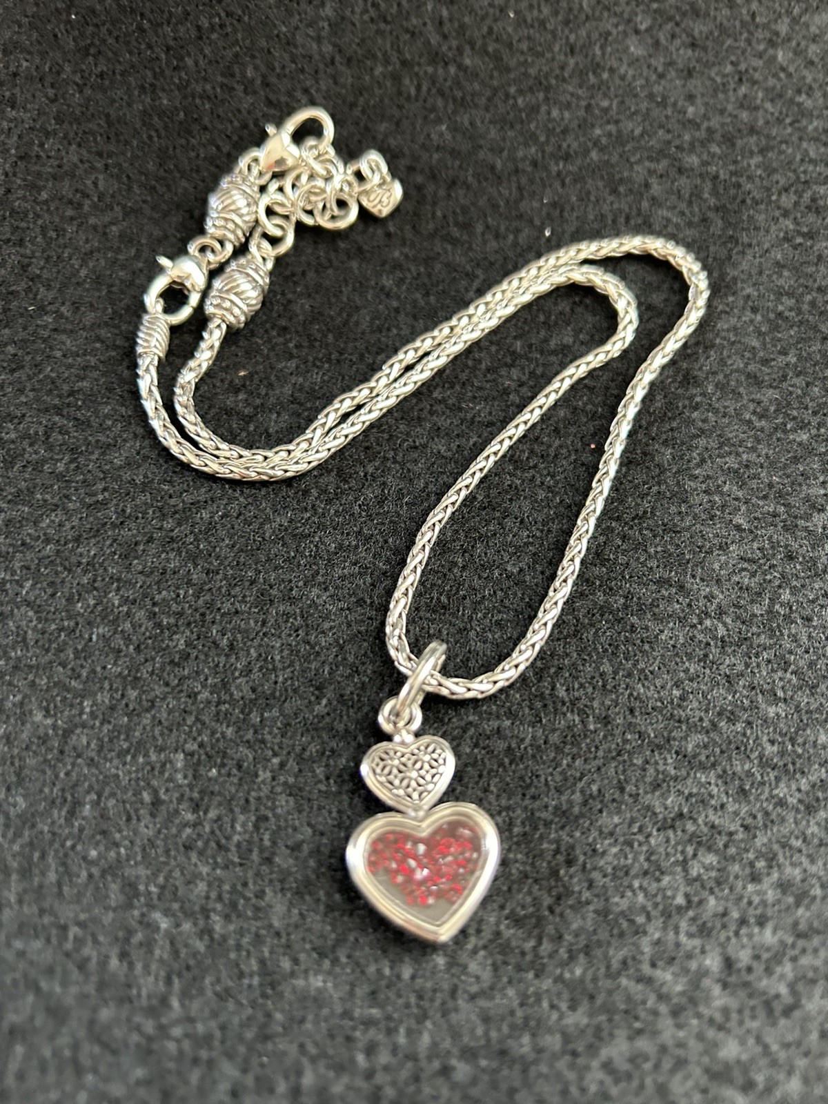 Brighton Silver Plated Wheat Chain Red Crystal Heart Pendant Necklace Adjustable