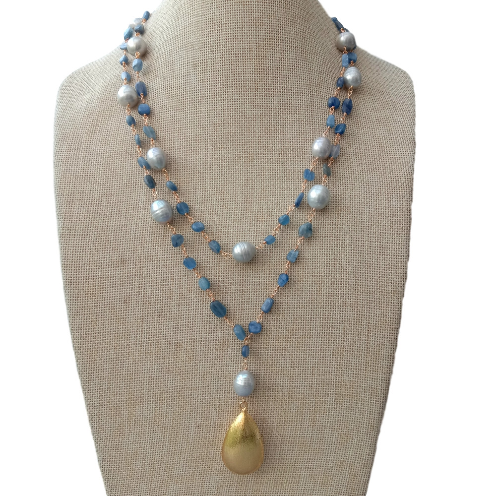 21″ Blue Kyanite Gray Rice Pearl Necklace Teardrop Brushed Gold Plated Pendant