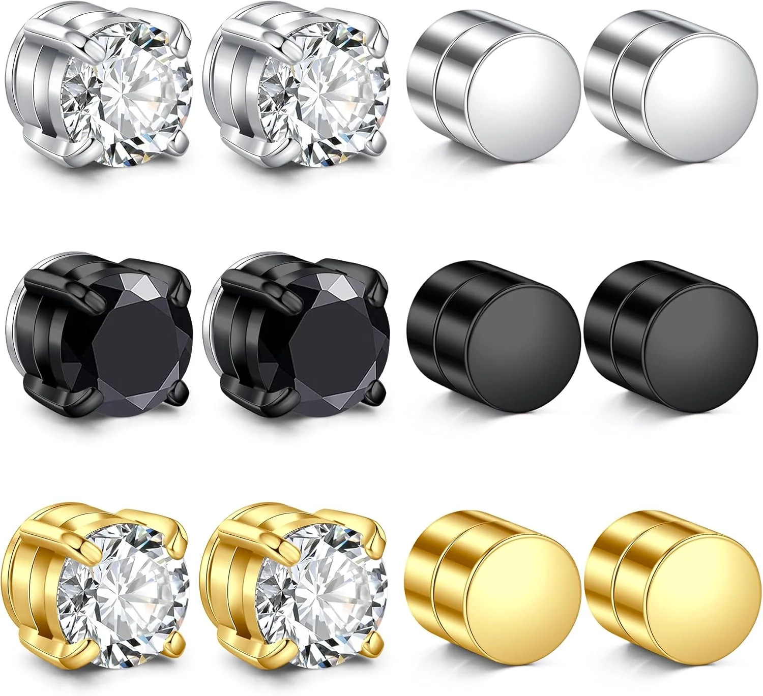 Men’s Magnetic Stud Earrings – Non Piercing 6 millimeters, Sliver-Black-Gold