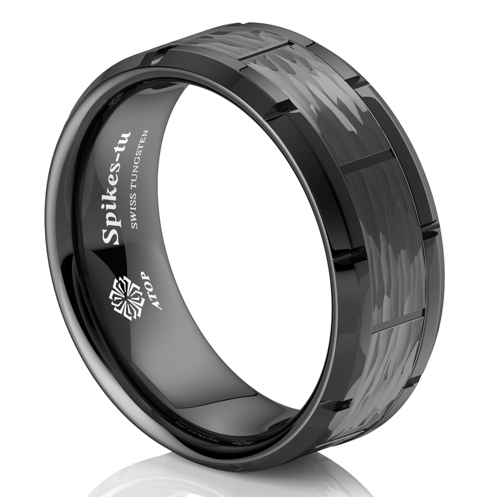 8mm Black Tungsten Ring Hammered Pattern Brushed Wedding Band ATOP Men Jewelry