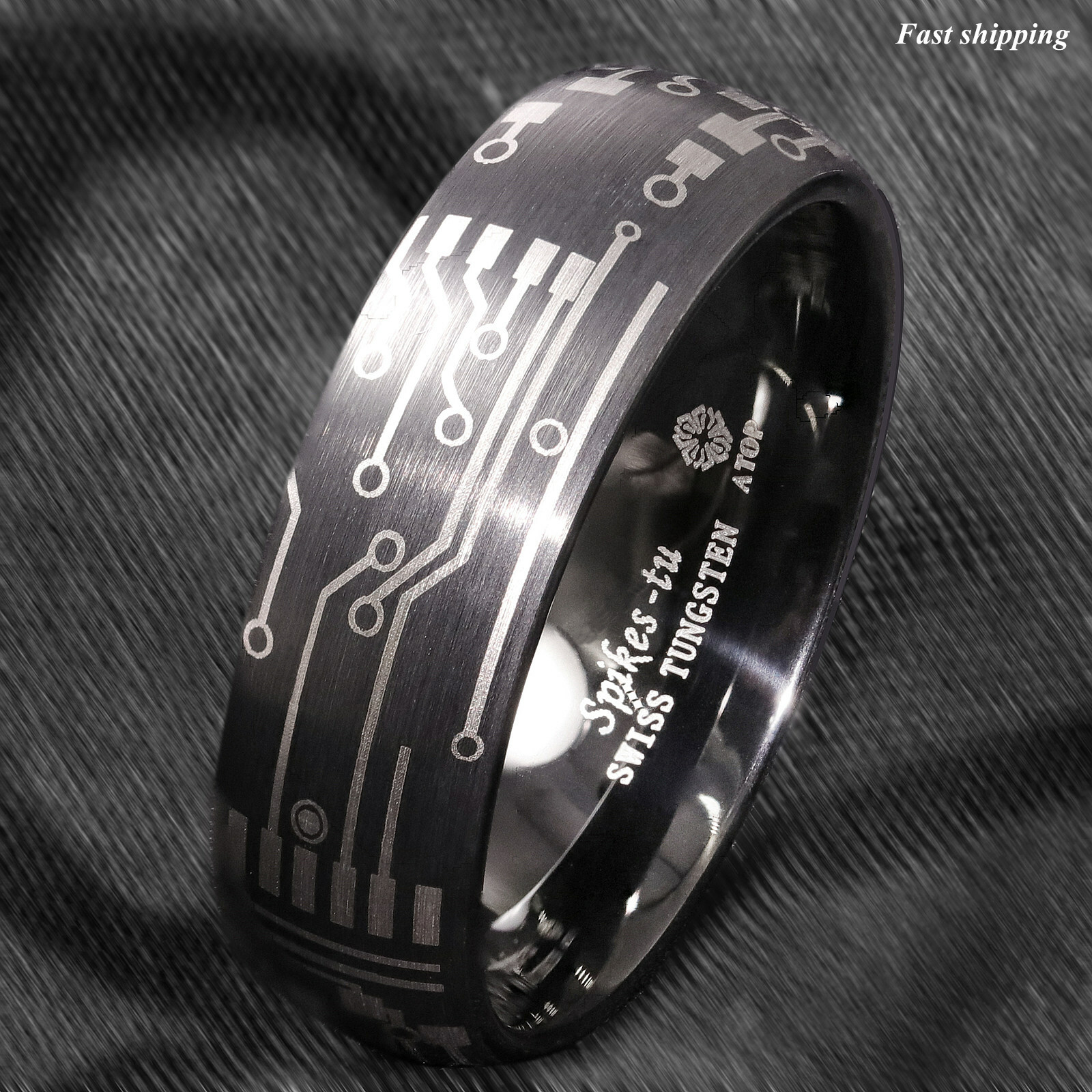 Dome Brushed Black Tungsten Carbide Ring Laser Circuit Board ATOP Men Jewelry