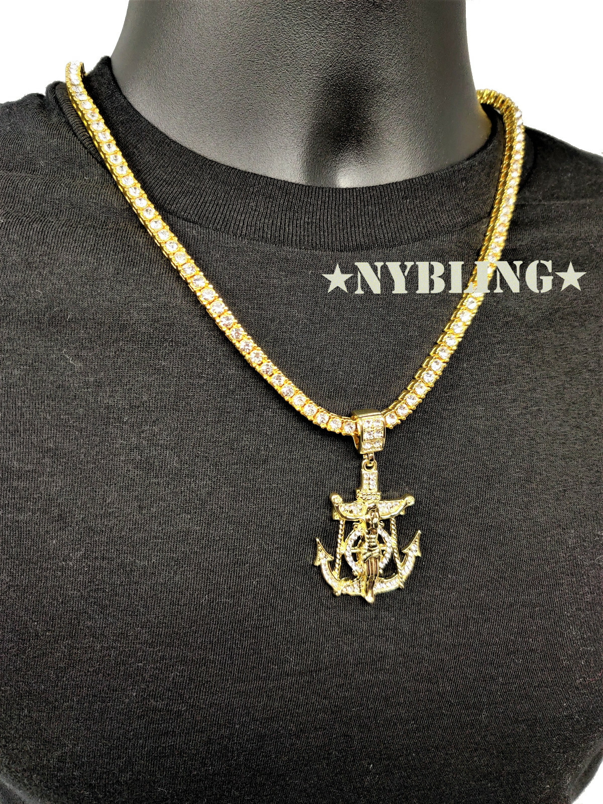ICED Jesus Anchor Pendant w/ Rope or Tennis Chain Necklace Plated CZ Jewelry