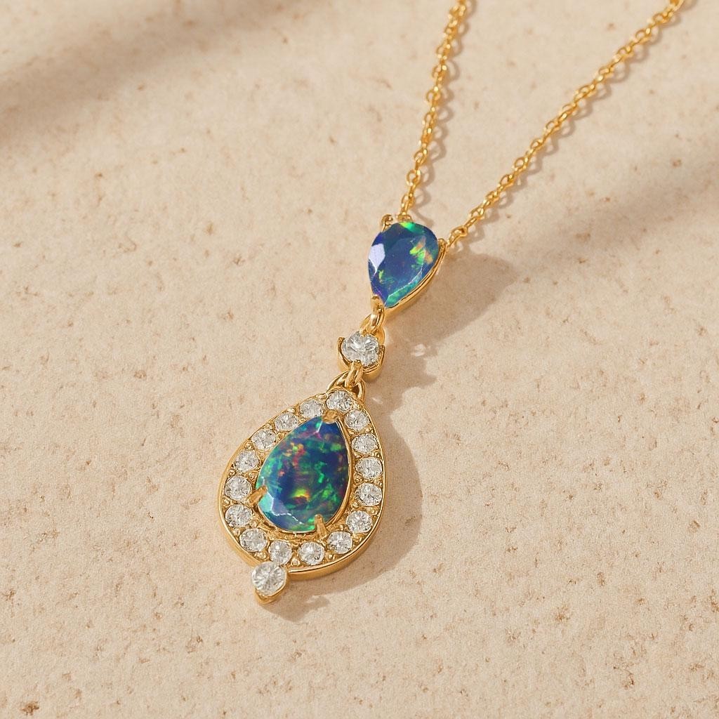 AAA Black Opal Gemstone Long Charm Pendant, Genuine Opal Chain Pendant Necklace
