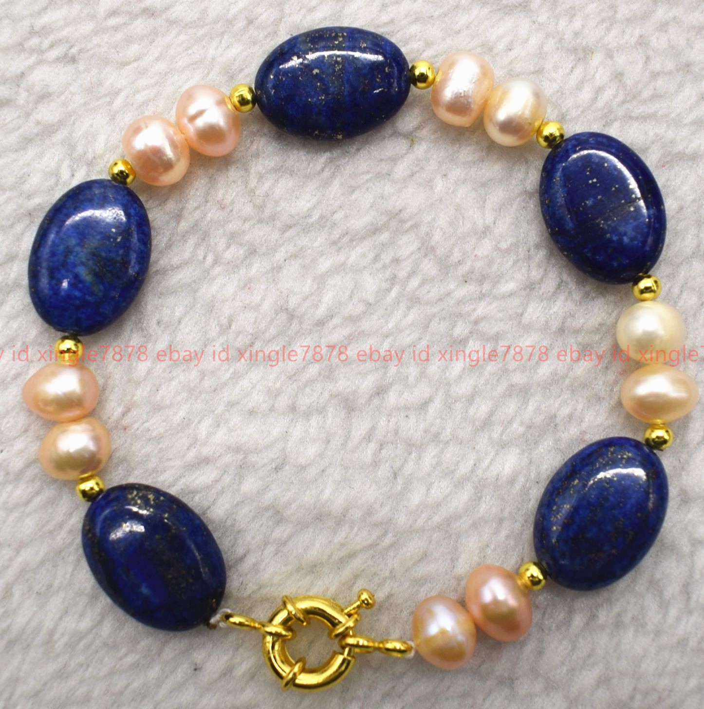 Natural 13x18mm Oval Blue Lapis Lazuli Pink Pearl Gemstone Beads Bracelet 7-9in