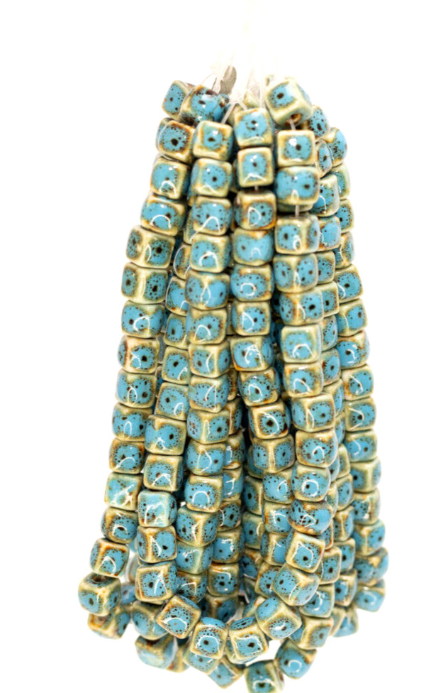 (Full Strand of 32 Beads) Cube Glazed Ceramic, Hand Made Cyan-Blue 9mm, Big Hole