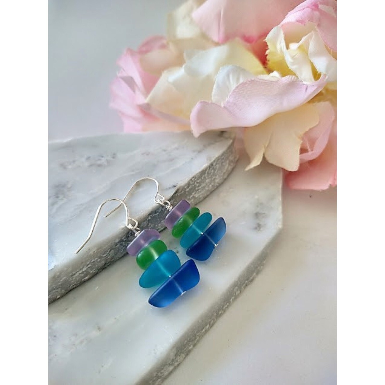 Multicolor Pebble Shaped Frosted Sea Glass Silver Ladies Dangle Earrings