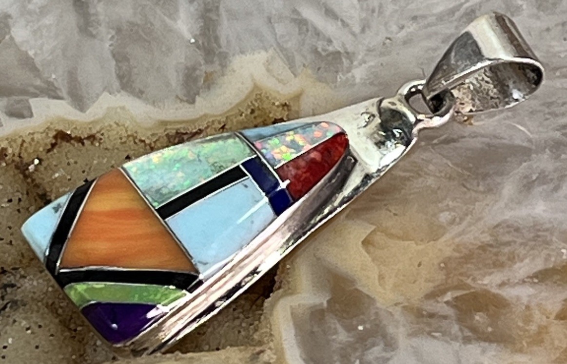 Turquoise Multi Stone Inlay Sterling Silver Pendant NAVAJO Trevor Jack Signed