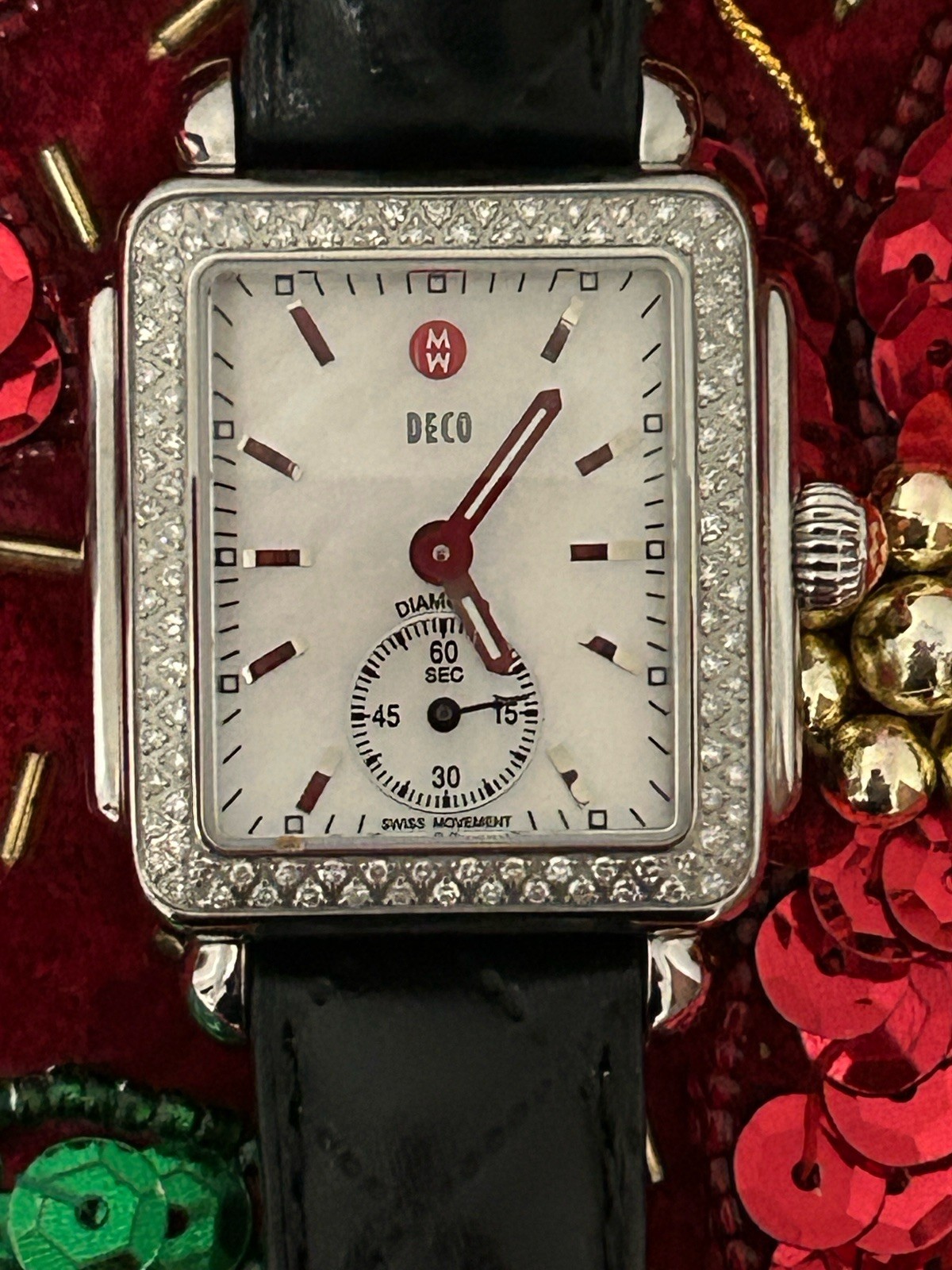Michele Deco Diamond Watch .49ct 108 Diamonds Black Leather Sapphire
