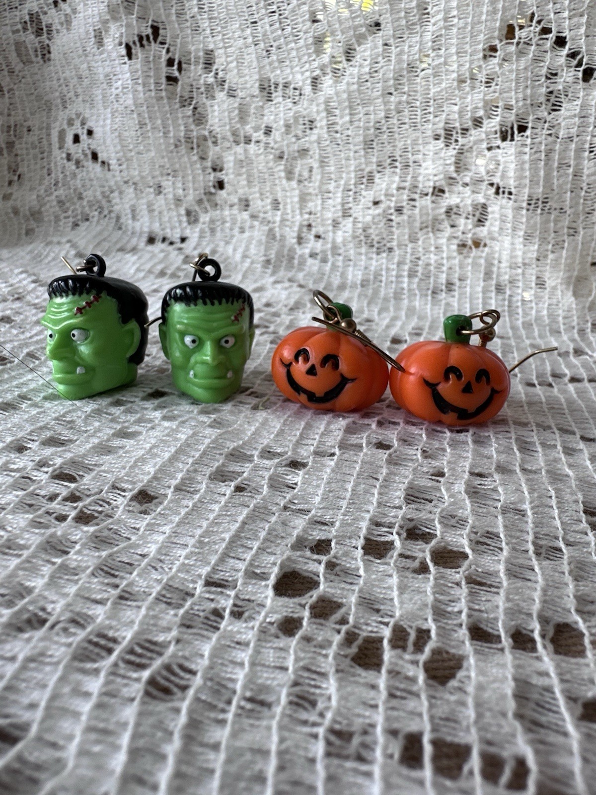 Frankenstein & Jack O’Lantern Pumpkin Russ Earrings Vintage 90s Halloween Kitsch