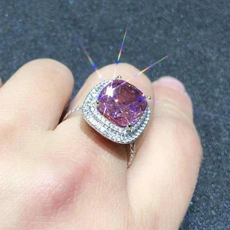 7.00 Ct Cushion Cut Natural Pink Sapphire Diamond Wedding Ring 14K White Gold FN