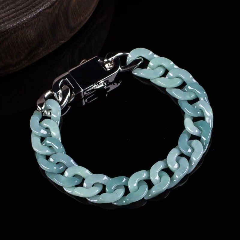 Real Grade A Natural Blue Jade Jadeite Bracelet 12mm Cuban Curb Chain 5.9-8.3in