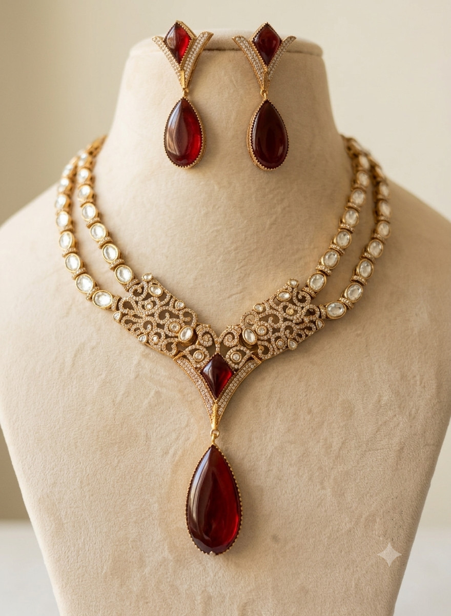 Ayra Pakistani Design Ruby Red Kundan Necklace with Teardrop Pendant Roz Jewelle