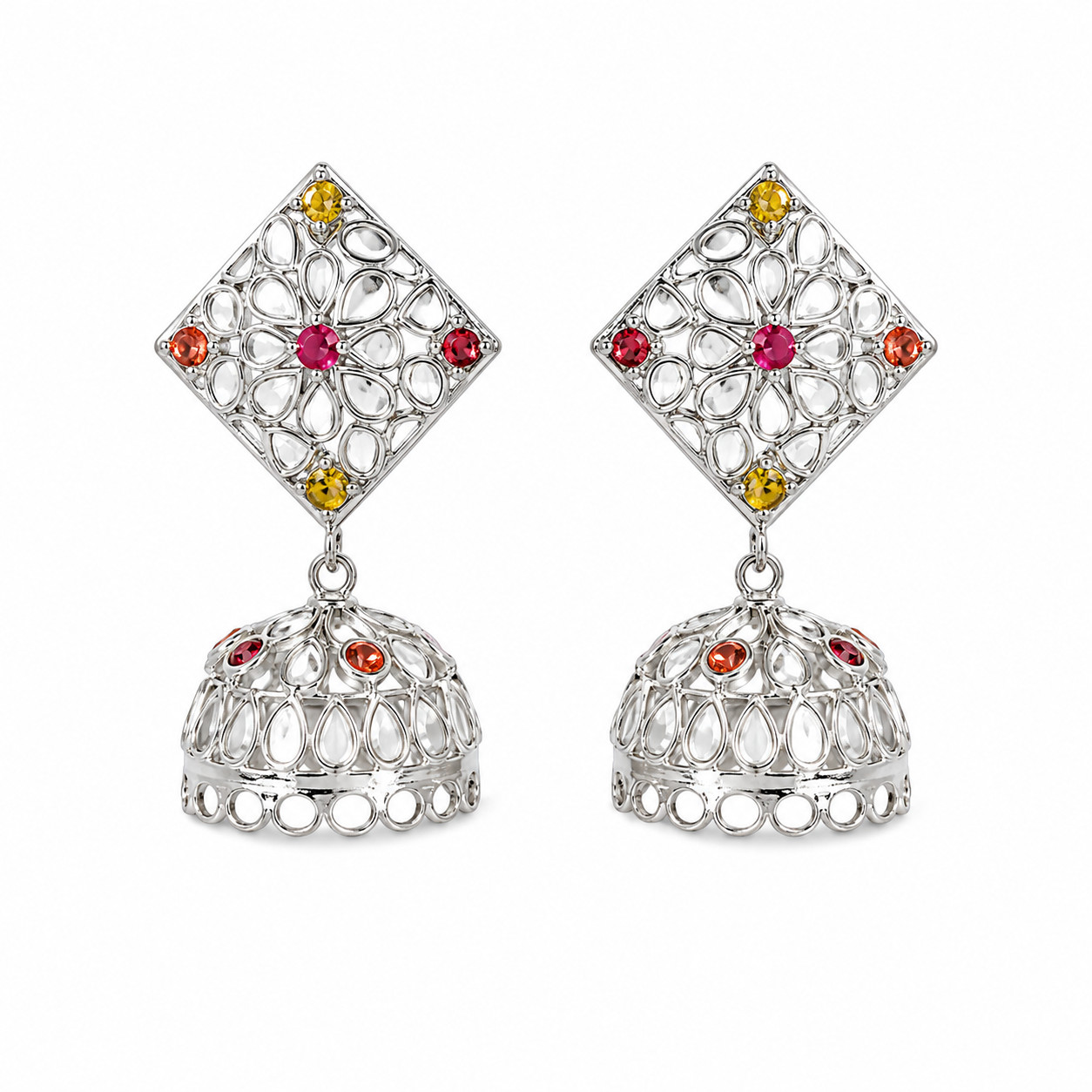 Natural Polki Jhumka Drop Earrings 925 Sterling Silver Handmade Bridal Wedding