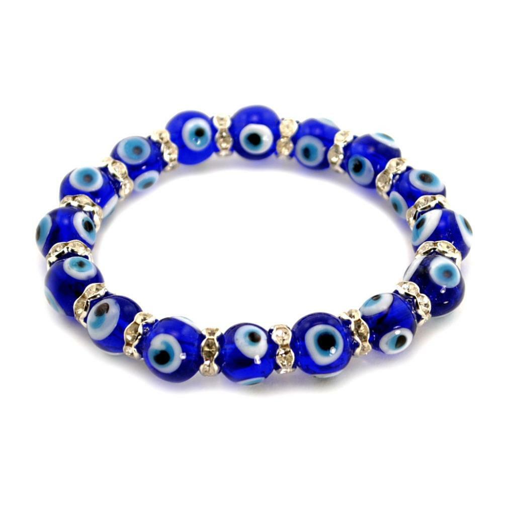 EVIL EYE BRACELET 10mm Glass Bead Blue Stretch Good Luck Protection Lampwork NEW