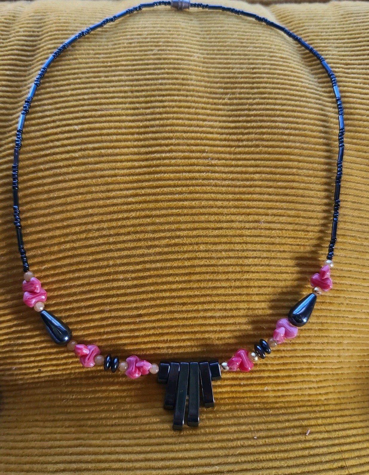 Vintage Necklace Hematite & Hot Pink Fan Stone Beads 18” Tribal OOAK Collar