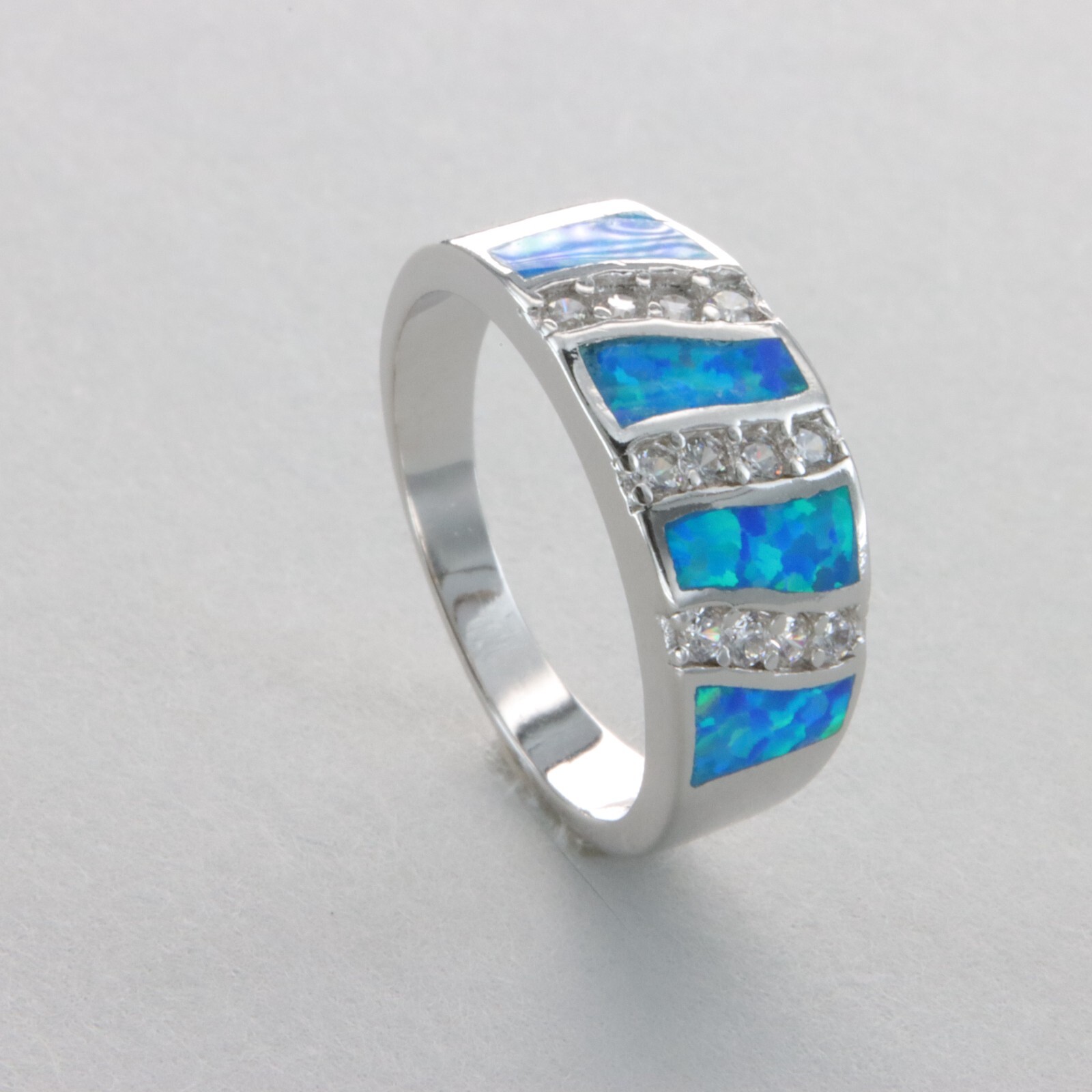 Blue Fire OPAL Ring Band – 12 CZs – Rhodium finished 925 STERLING SILVER #1021