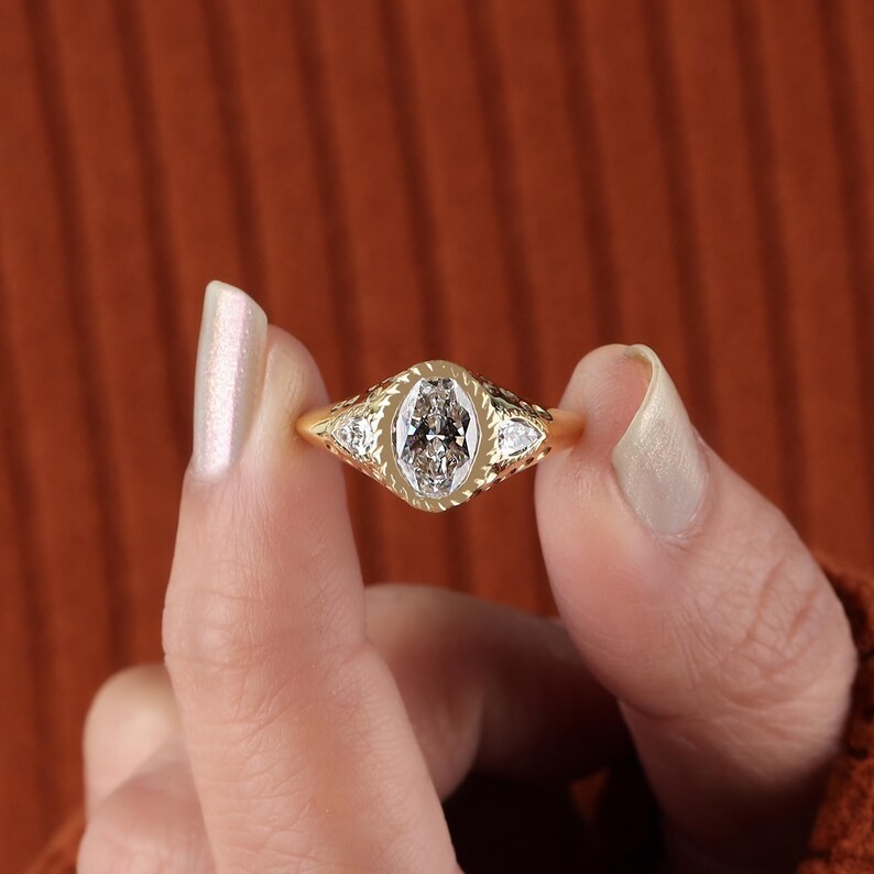 2.40 Ct Oval Real Moissanite Bezel Engagement Ring 14K Yellow Gold Plated