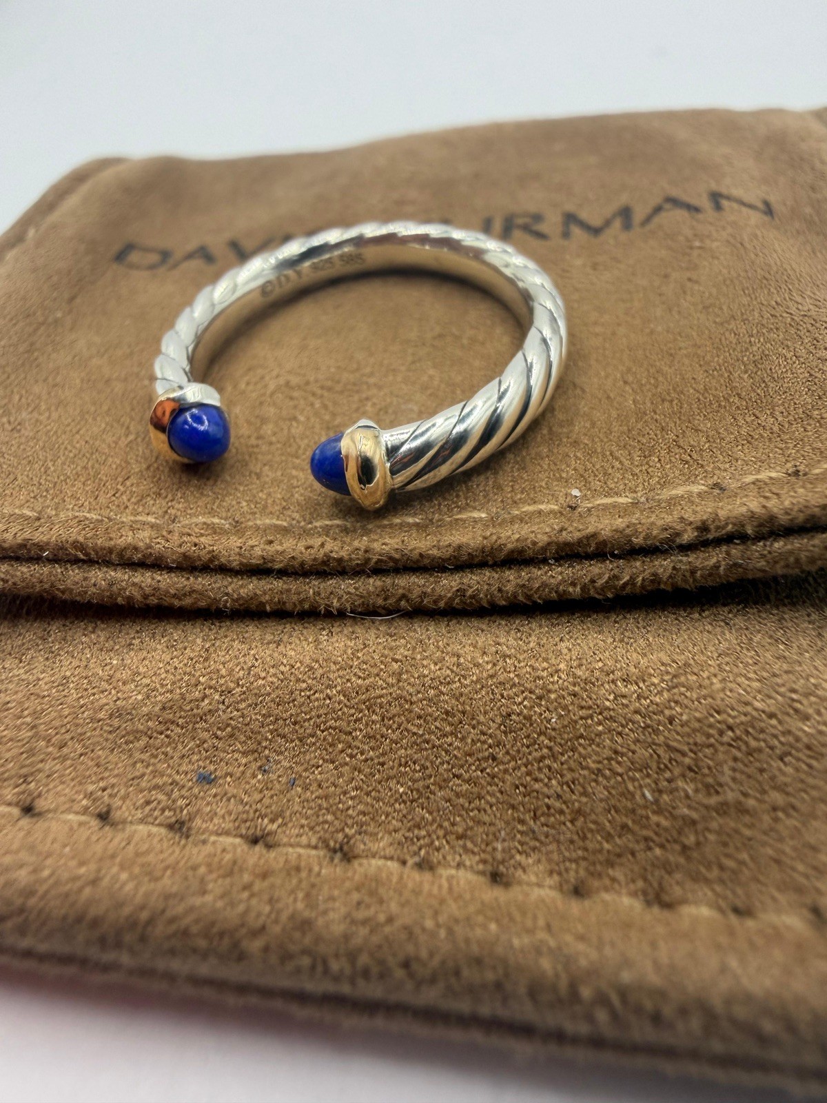 David Yurman Sterling Silver Petite Cable Open Ring W/ 14k Gold & Lapis Size 7