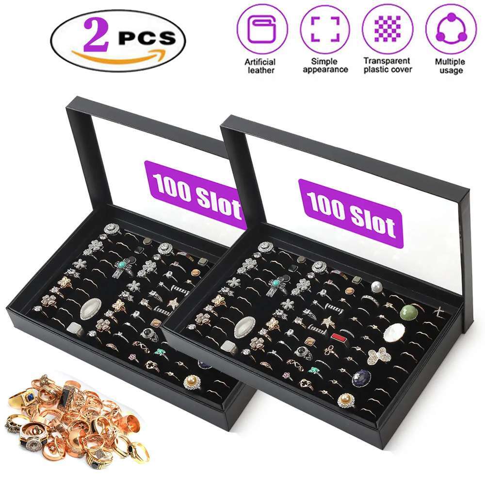 2Pack 100 Slots Jewelry Ring Display Organizer Tray Holder Earrings Storage Case
