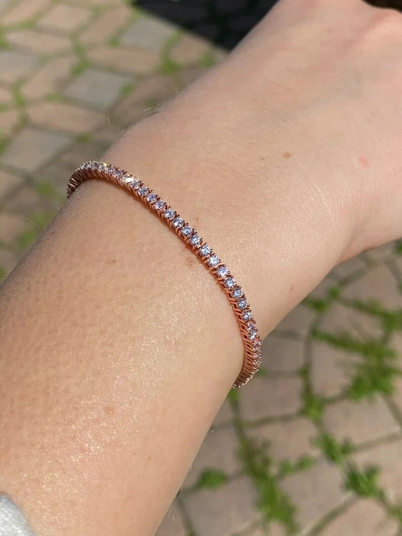 3 CT Round F-VS1 Lab Grown Diamond Women Charm Tennis Bracelet 14k Rose Gold