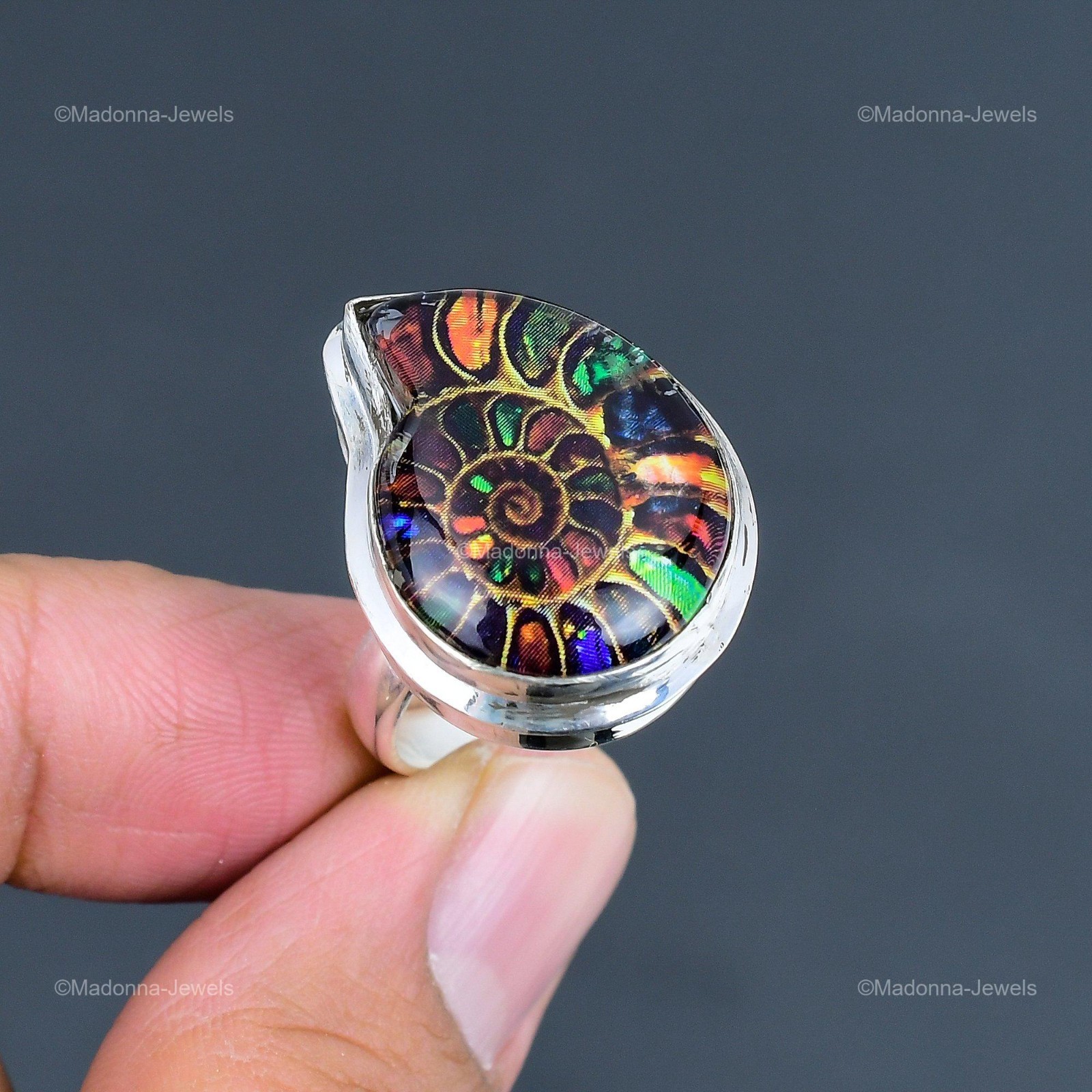 925 Sterling Silver Multi Shade Ammonite Fossil Gemstone Solitaire Ring Jewelry