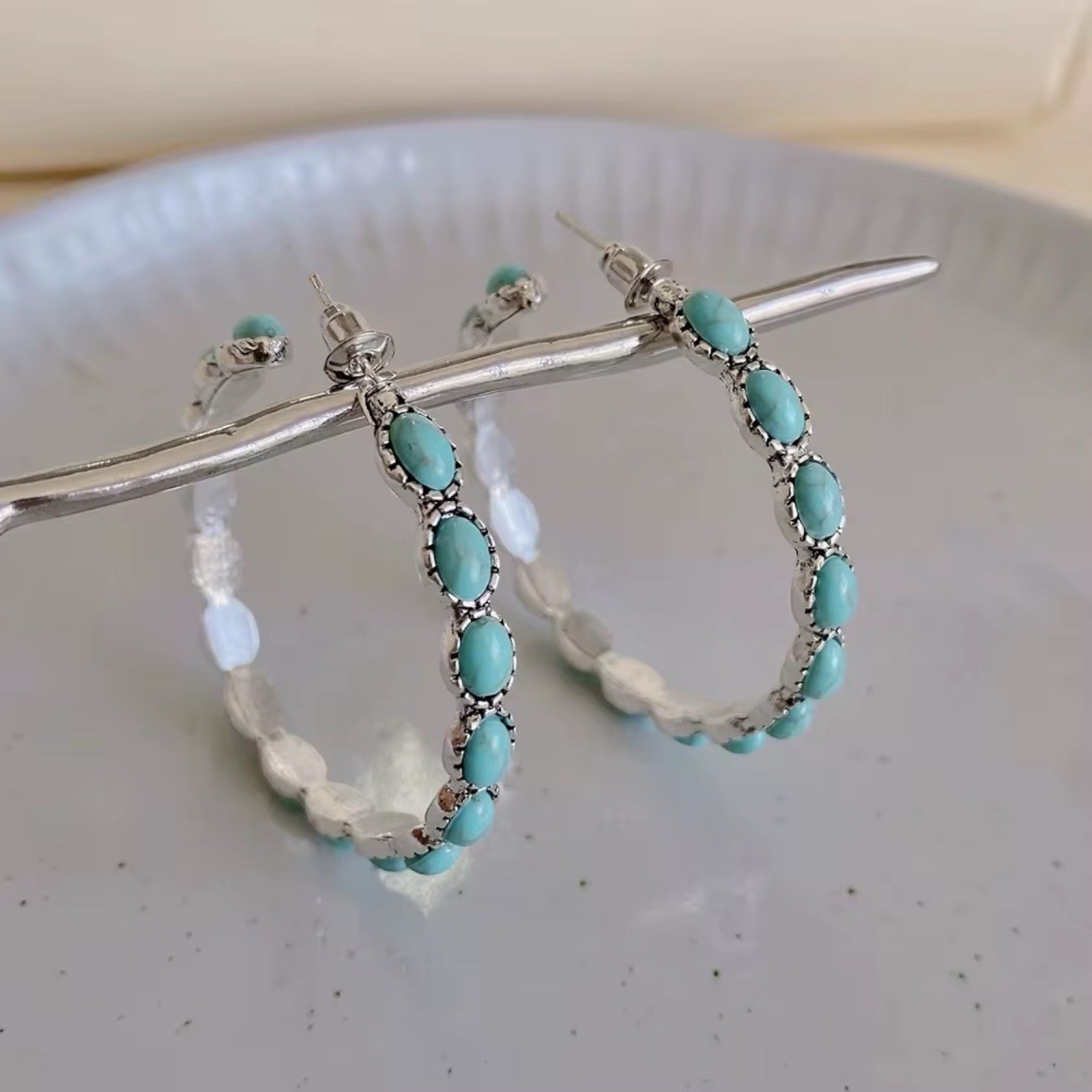 Silver Turquoise Loop Hoop Earrings Bohemian Western Costume Jewelry 2″ A16