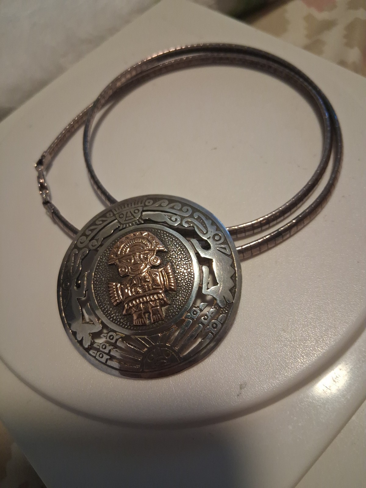 Vintage Peru Native INCA Sterling Silver And 18k Gold Brooch/Pendant Necklace